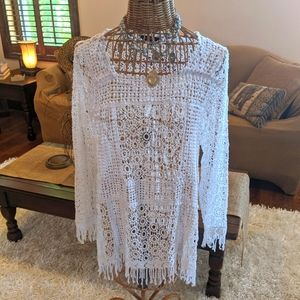 Women's white crochet blouse cover up fringe never worn